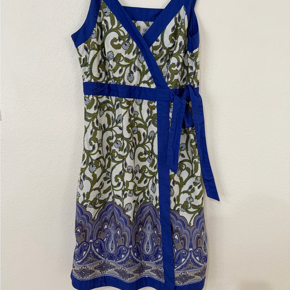 Izod Blue, Olive & White Printed Midi Wrap Dress